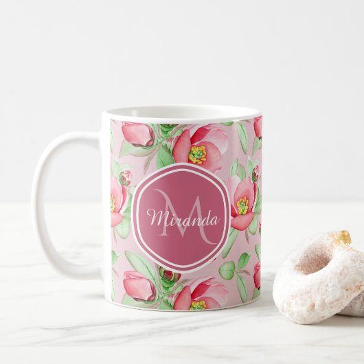 Roze Appelbloesem Monogram Koffiemok (Met donut)