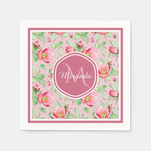 Roze Appelbloesem Monogram Servet (Voorkant)