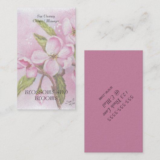 ROZE APPELBLOESEM WATERVERF BLOEM VISITEKAARTJE (Voorkant / Achterkant)