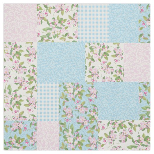 Roze Apple Blossom Floral en Check Faux Patchwork Stof (Swatch)