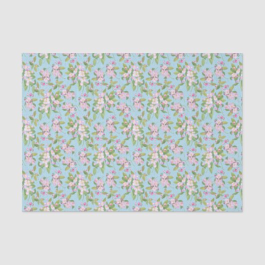 Roze Apple Blossom Floral Pattern on Sky Blue Tissuepapier (Voorkant)