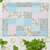 Roze Apple Blossom op Blue Faux Patchwork Theedoek (Gevouwen)