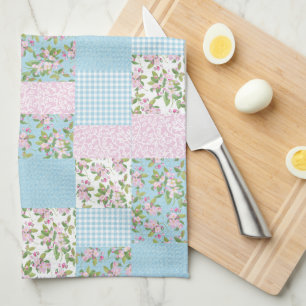 Roze Apple Blossom op Blue Faux Patchwork Theedoek