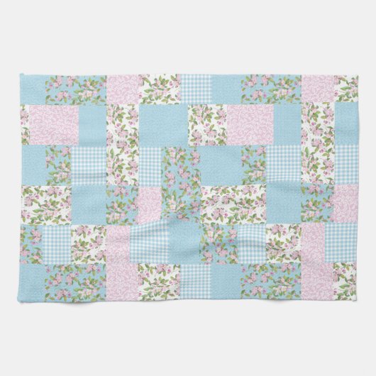 Roze Apple Blossom op Blue Faux Patchwork Theedoek (Horizontaal)
