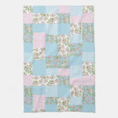 Roze Apple Blossom op Blue Faux Patchwork Theedoek (Verticaal)