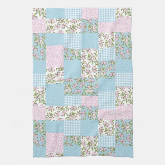 Roze Apple Blossom op Blue Faux Patchwork Theedoek (Verticaal)