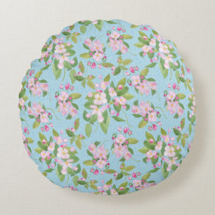 Roze Apple Blossom op Sky Blue Leafy Background Rond Kussen