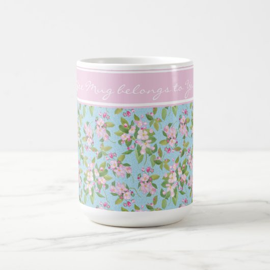 Roze Apple Blossom op Sky Blue, Roze Band voor Naa Koffiemok (Center)