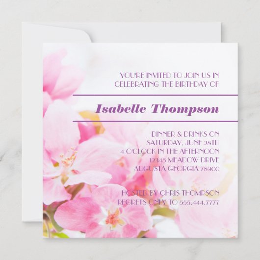 Roze Apple Blossoms Verjaardagsfeestje Uitnodiging (Voorkant)