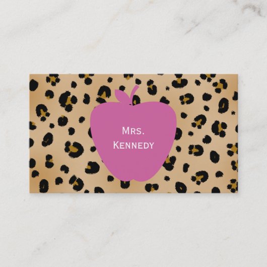 Roze Apple Leopard Print Teacher Visitekaartje (Voorkant)