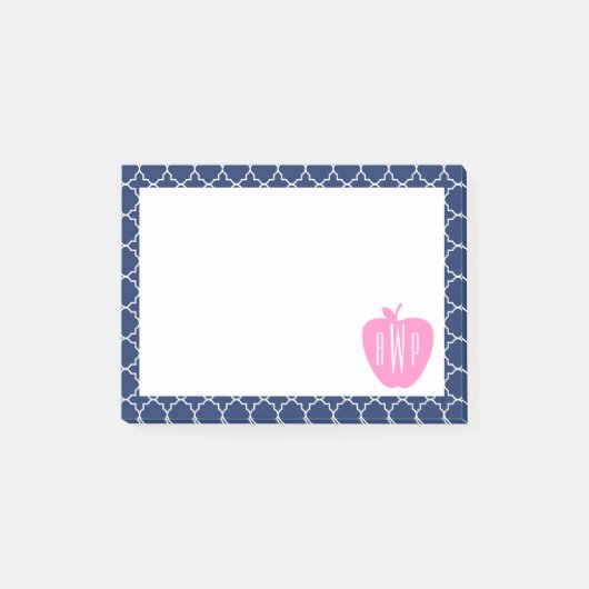 Roze Apple Navy Quatrefoil Monogram leraar Post-it® Notes (Voorkant)