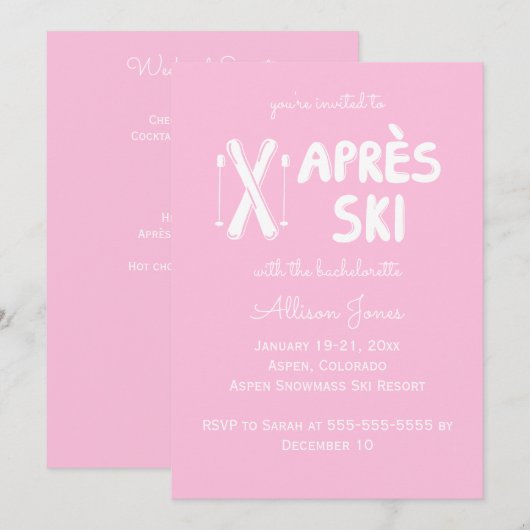 Roze Apres Ski Bachelorette Party Uitnodiging (Voorkant / Achterkant)