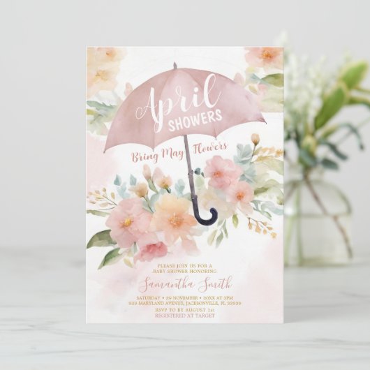 Roze April Buien Brengen Mei Bloemen Paraplu Kaart (Staand voorkant)