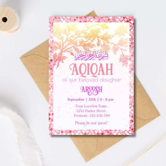 Roze Aqeeqah- Aqiqah- Moslim meisje Uitnodiging