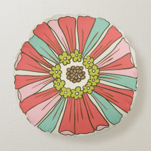 Roze & Aqua 70s Retro Bloem Rond Kussen