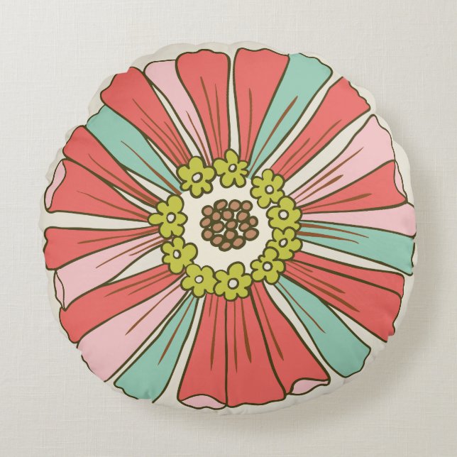 Roze & Aqua 70s Retro Bloem Rond Kussen (Voorkant)