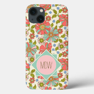 Roze Aqua 70s Retro Floral op maat Case-Mate iPhone Case