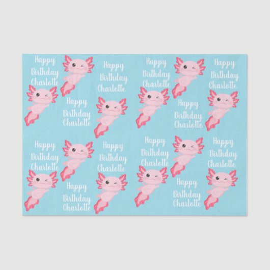 Roze Aqua Axolotl Meisje Happy Birthday Naam Tissuepapier (Voorkant)