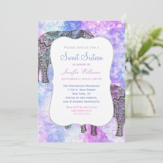 Roze Aqua Black Elephant Bright Tribal Kaart (Staand voorkant)