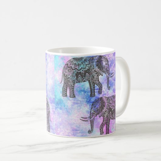 Roze Aqua Black Elephant Bright Tribal Koffiemok (Voorkant rechts)