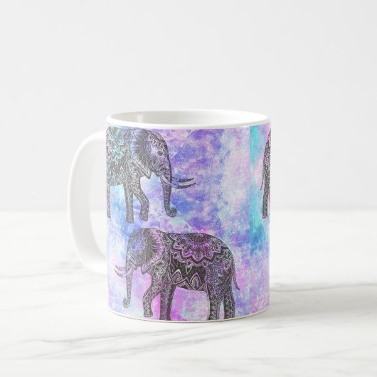 Roze Aqua Black Elephant Bright Tribal Koffiemok (Voorkant links)