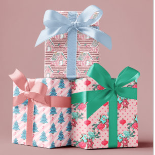 Roze Aqua Blauwe Kleurrijke Kerstboomkoekjes Inpakpapier Vel