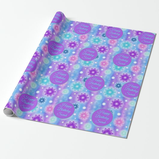 Roze Aqua Bloemen Abstract Patroon Personaliseer N Cadeaupapier (Uitgerold)