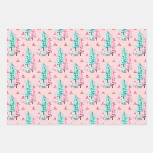 Roze Aqua Blue Colorful Kerstontbijtboom Inpakpapier Vel (Voorkant)