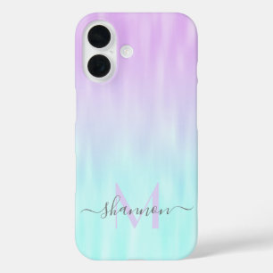 Roze Aqua Blue Pastel Ombre Chic Script Monogram iPhone 16 Hoesje