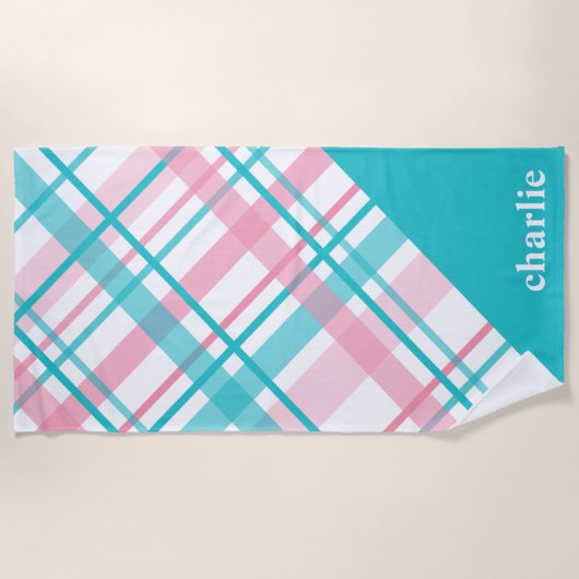 Roze aqua blue pastel plaid patroon aangepaste naa strandlaken (Voorkant)