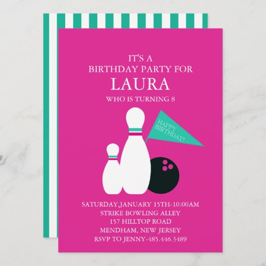Roze & Aqua Bowling Party Uitnodiging Verjaardag (Voorkant / Achterkant)