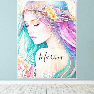 Roze, Aqua en Lila Ethische Bloemachtige Zeemeermi Canvas Afdruk
