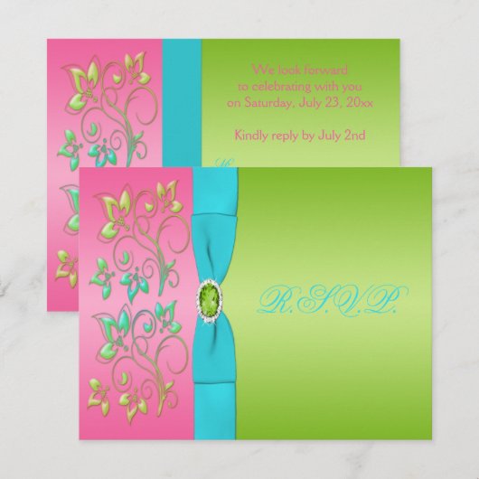 Roze, Aqua en Lime Bloemkaart Kaart (Voorkant / Achterkant)