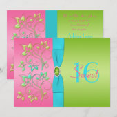 Roze, Aqua en Limoen Sweet Sixteen Uitnodiging (Voorkant / Achterkant)