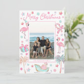 Roze & Aqua Flamingo Strand Kerst Foto Feestdagenkaart (Staand voorkant)