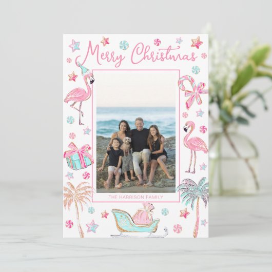 Roze & Aqua Flamingo Strand Kerst Foto Feestdagenkaart (Staand voorkant)