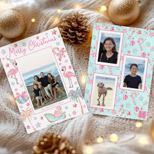 Roze & Aqua Flamingo Strand Kerst Foto Feestdagenkaart