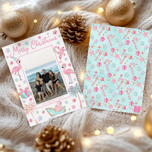 Roze & Aqua Flamingo Strand Kerst Foto Feestdagenkaart