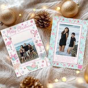 Roze & Aqua Flamingo Strand Kerst Foto Feestdagenkaart