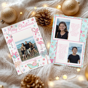 Roze & Aqua Flamingo Strand Kerst Foto Feestdagenkaart