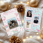 Roze & Aqua Flamingo Strand Kerstfoto Feestdagenkaart