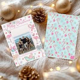 Roze & Aqua Flamingo Strand Kerstfoto Feestdagenkaart