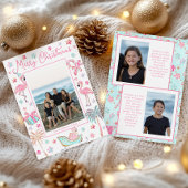 Roze & Aqua Flamingo Strand Kerstfoto Feestdagenkaart