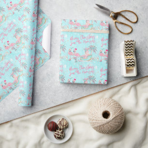 Roze & Aqua Flamingo's gepersonaliseerde kerst Cadeaupapier