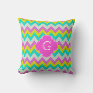 Roze Aqua Geel Wit Chevron Vierblad Monogram Kussen
