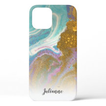 Roze Aqua Gold Glitter Marble Personalized Hoesje