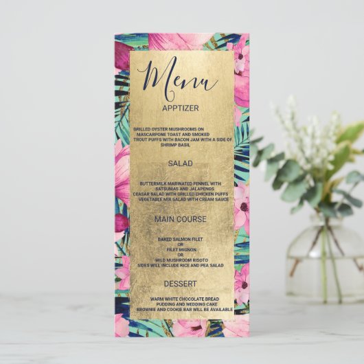 Roze aqua goud marine blauw bloemenbruiloft Menu (Staand voorkant)