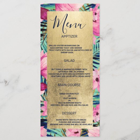 Roze aqua goud marine blauw bloemenbruiloft Menu (Voorkant)