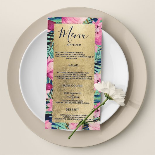 Roze aqua goud marine blauw bloemenbruiloft Menu
