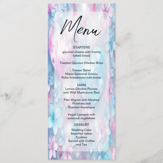 Roze Aqua Harten en Bloemen Bruiloft Menu (Voorkant)